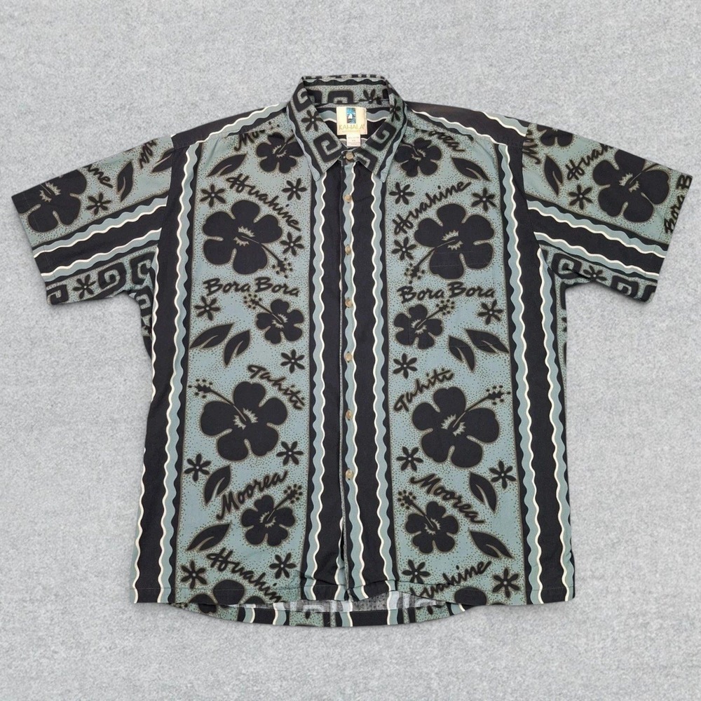 Kahala Button Down Shirt Mens XL Black Gray Bora Bora Tahiti Hibiscus Hawaiian